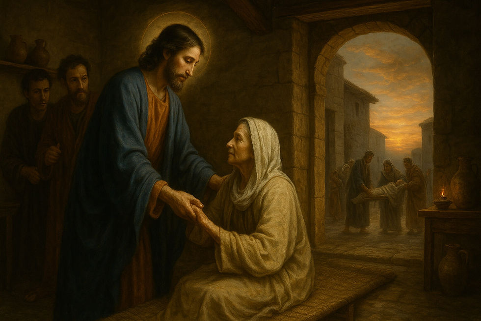 Jesus cura a sogra de Simão em Cafarnaum; pôr do sol e enfermos chegando para serem curados — Lc 4,38-44, arte sacra hiper-realista 16:9.