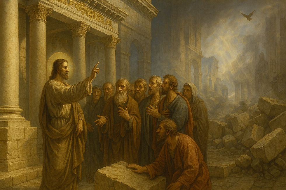 Jesus anuncia a queda do Templo; discípulos atentos entre colunas e ruínas, luz celestial ao fundo. Arte sacra renascentista — Lucas 21,5-19.