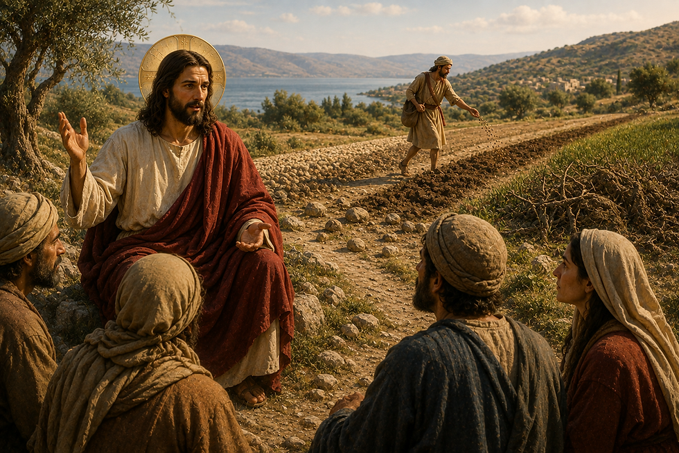 Jesus ensina a parábola do semeador enquanto sementes caem em diferentes terrenos, em cena inspirada em Lucas 8,4–15.