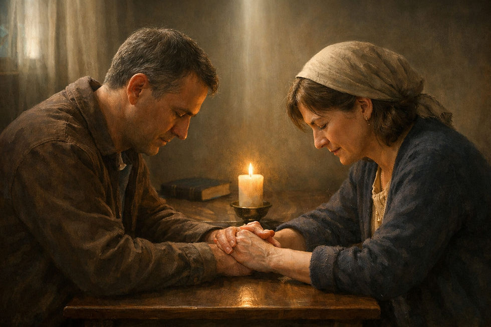 Duas pessoas em oração fraterna, mãos entrelaçadas à luz de uma vela, simbolizando confissão, intercessão e cura espiritual em Tiago 5,16.