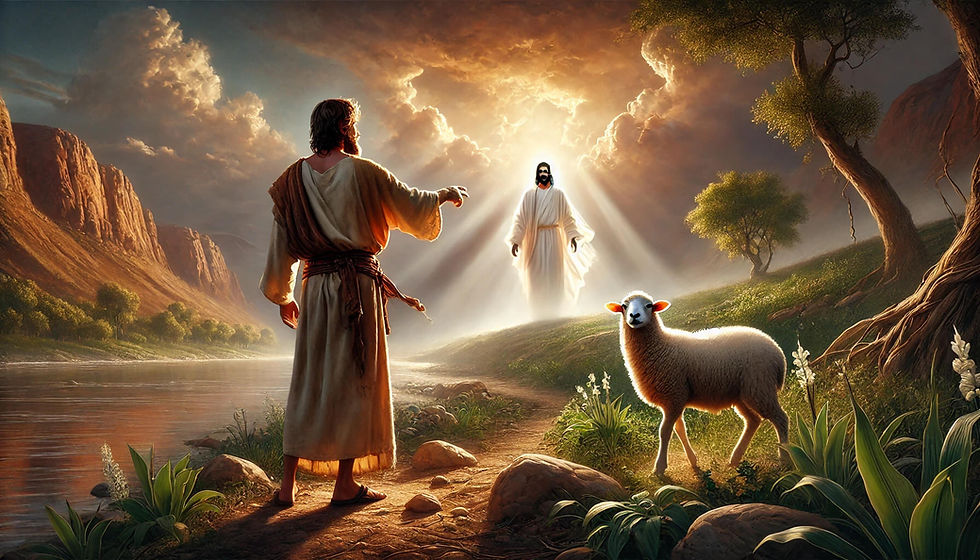 João Batista aponta para Jesus à beira do Jordão: "Eis o Cordeiro de Deus que tira o pecado do mundo." Um momento de revelação e esperança divina.