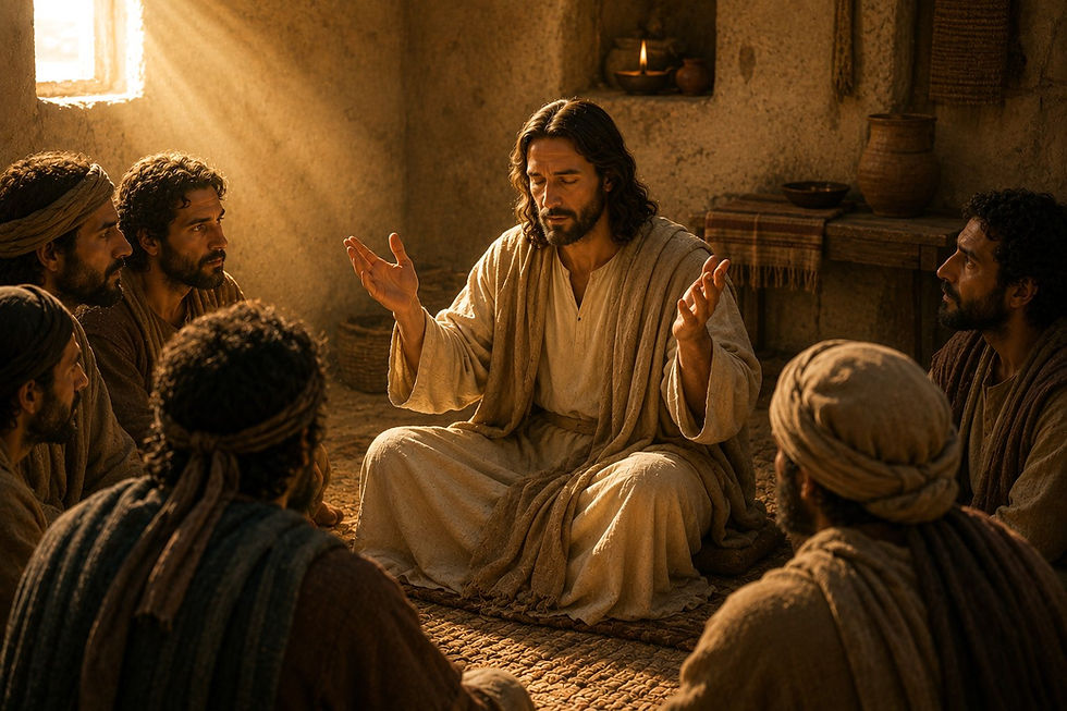 Jesus ensina o Pai-Nosso aos discípulos em ambiente simples e contemplativo, iluminado por luz dourada suave.