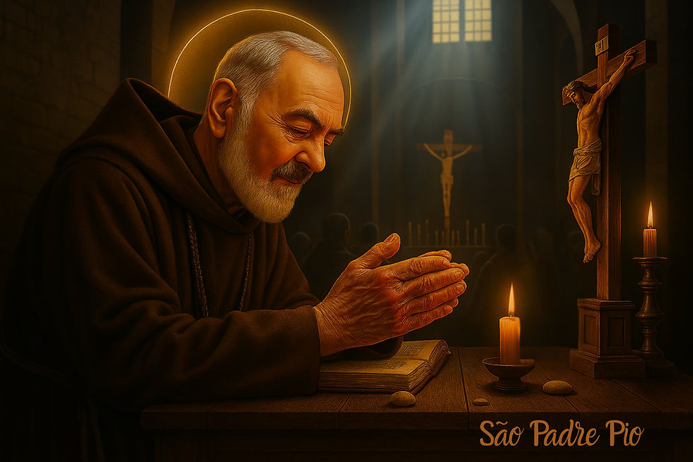 São Padre Pio em oração diante do crucifixo, com halo dourado e mãos unidas, envolto por luz suave em capela com velas acesas e livro sagrado.