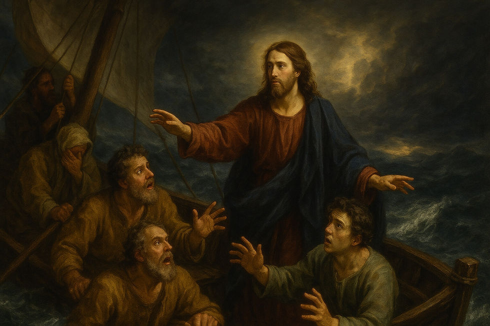 Jesus acalma a tempestade no mar com os discípulos atônitos, revelando seu poder divino sobre a natureza em Mt 8,23-27.