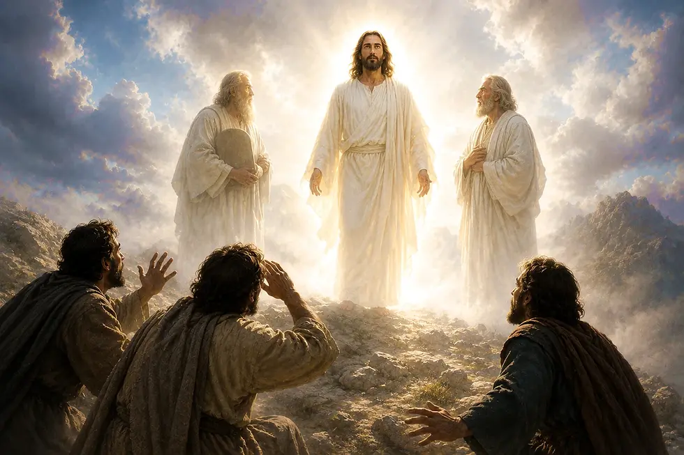 Jesus transfigurado resplandece em glória no alto do monte entre Moisés e Elias, enquanto Pedro, Tiago e João contemplam a visão com temor e reverência (Mateus 17,1–9).