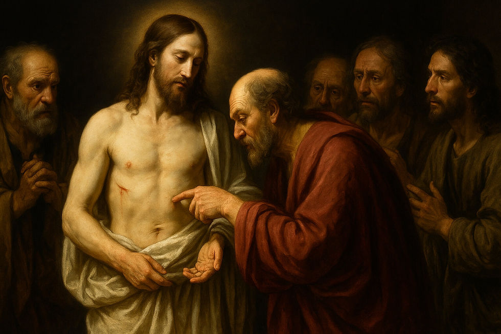 São Tomé toca as chagas de Jesus ressuscitado, reconhecendo-O como Senhor e Deus, conforme Jo 20,24-29.