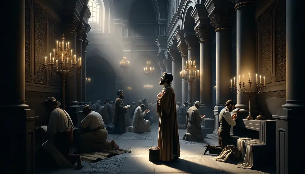 A ilustração acima captura a essência da parábola do fariseu e do publicano de Lucas 18:9-14. No interior do Templo, o contraste entre as atitudes de oração dos dois homens é enfatizado pela iluminação e pela composição. O fariseu é retratado em uma postura orgulhosa e auto-satisfeita, em destaque, enquanto o publicano, humilde e arrependido, é mostrado em uma área menos iluminada, simbolizando sua modéstia. A cena reflete o tema central da parábola sobre a importância da humildade diante de Deus em contraste com a arrogância.