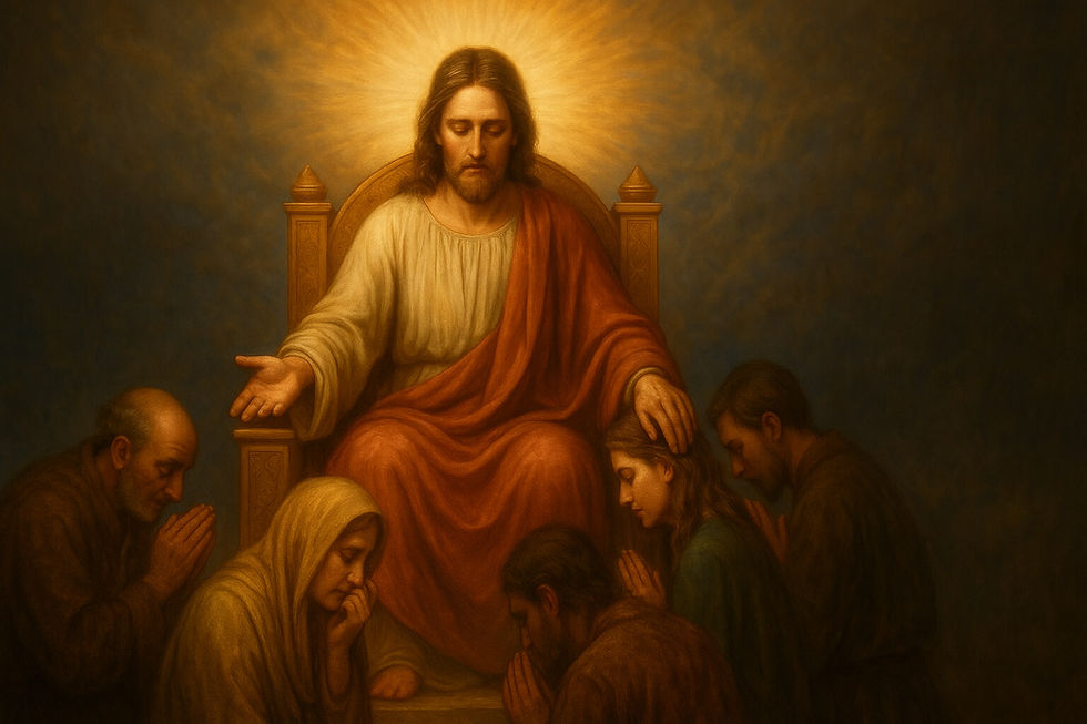 Jesus entronizado consola os fiéis em oração, representando a promessa do fim da dor conforme Apocalipse 21:4.