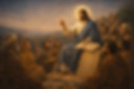 Jesus ensina no Sermão da Montanha sobre o cumprimento da Lei, com gesto de autoridade e discípulos atentos, em cena sacra contemplativa.