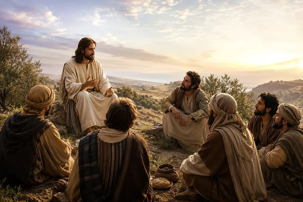 Jesus ensina os discípulos a rezar nas colinas da Galileia, evocando o Pai-nosso como escola de oração, confiança e discipulado.