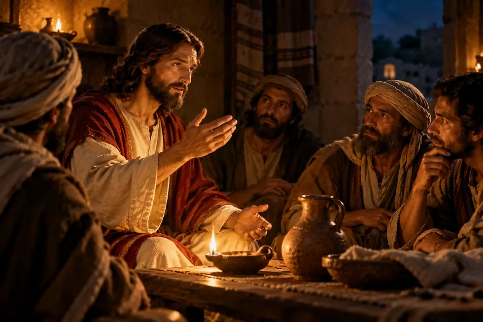 Jesus ensina seus discípulos à luz de uma lamparina, destacando a vigilância, a fidelidade e a responsabilidade cristã em Lucas 12,39–48.
