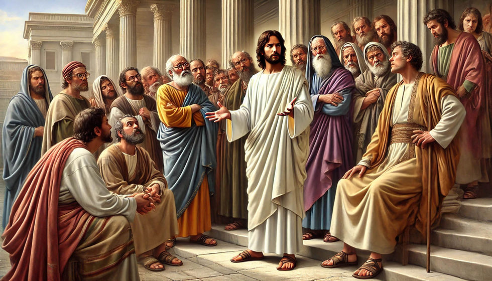 ilustração de Lucas 11,42-46. A imagem mostra Jesus criticando os fariseus e mestres da lei, com uma expressão firme e autoritária, enquanto eles reagem com surpresa, desconforto e desaprovação. A cena captura a tensão entre Jesus e os líderes religiosos, destacando a mensagem de correção de Jesus.