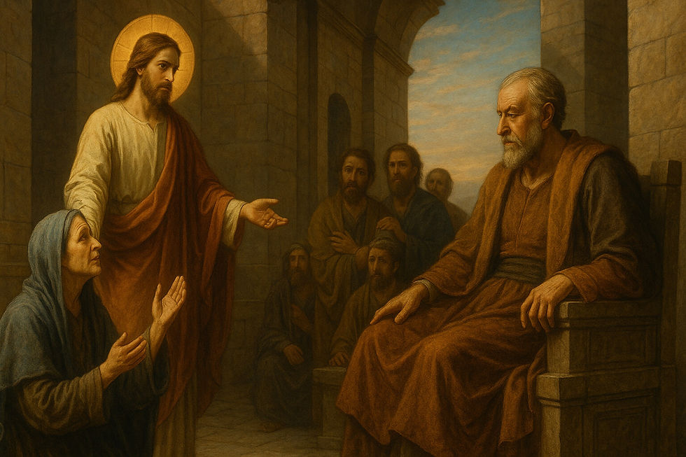 Jesus explica a parábola da viúva persistente diante do juiz iníquo; a mulher suplica com fé sob luz dourada — Lc 18,1–8.
