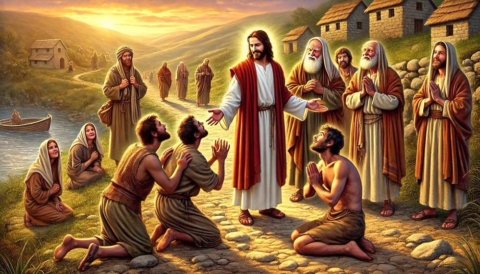 imagem de Lucas 17,11-19, retratando Jesus curando os dez leprosos, com um deles retornando para agradecer, simbolizando o poder da gratidão e da fé.