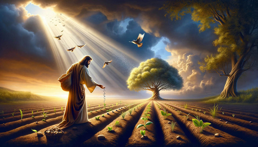 ilustração representando as parábolas de Marcos 4:26-34. A imagem mostra Jesus semeando as sementes, que gradualmente crescem até se transformar numa grande árvore de mostarda, simbolizando o crescimento e a expansão do Reino de Deus.