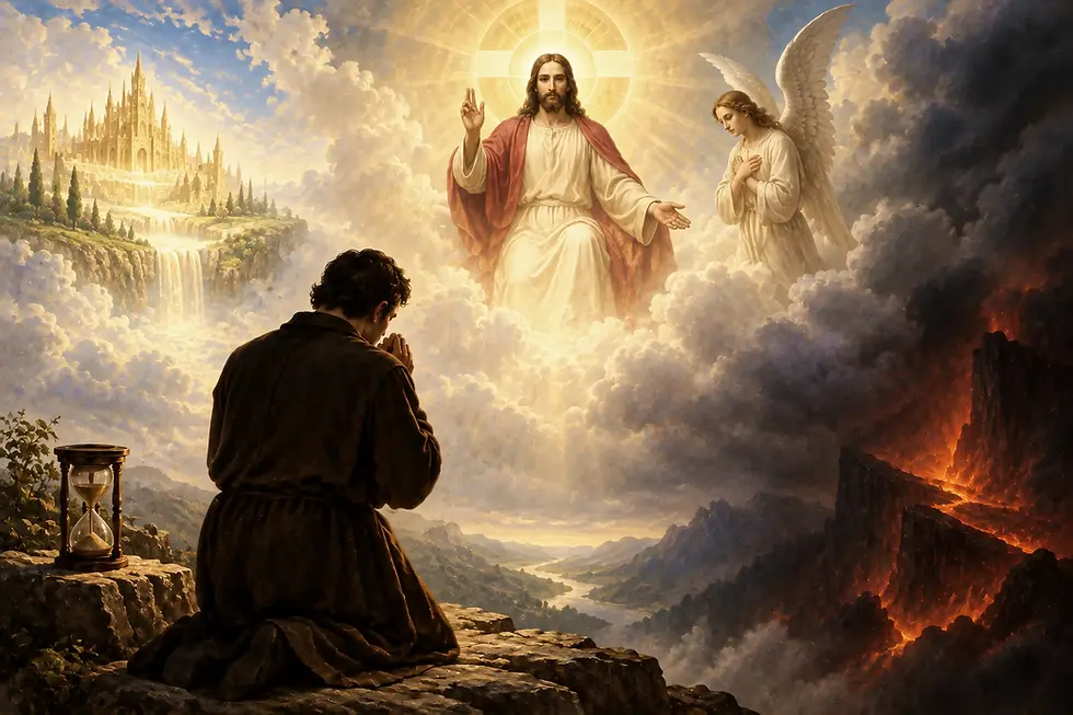 Os Novíssimos na doutrina católica: fiel em oração diante de Cristo glorioso, com céu, inferno e ampulheta simbolizando o destino eterno.