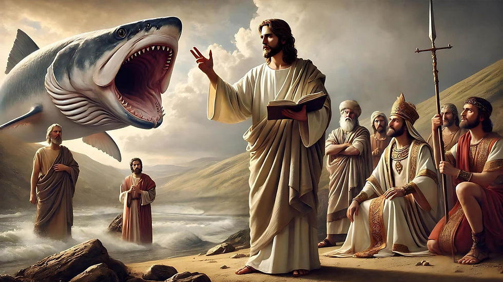 Você tem razão, a imagem não inclui a Rainha de Sabá. Aqui está uma versão corrigida: Jesus ensina sobre o sinal de Jonas, destacando sua missão profética. Ao fundo, Jonas é simbolicamente representado saindo da boca de um grande peixe.