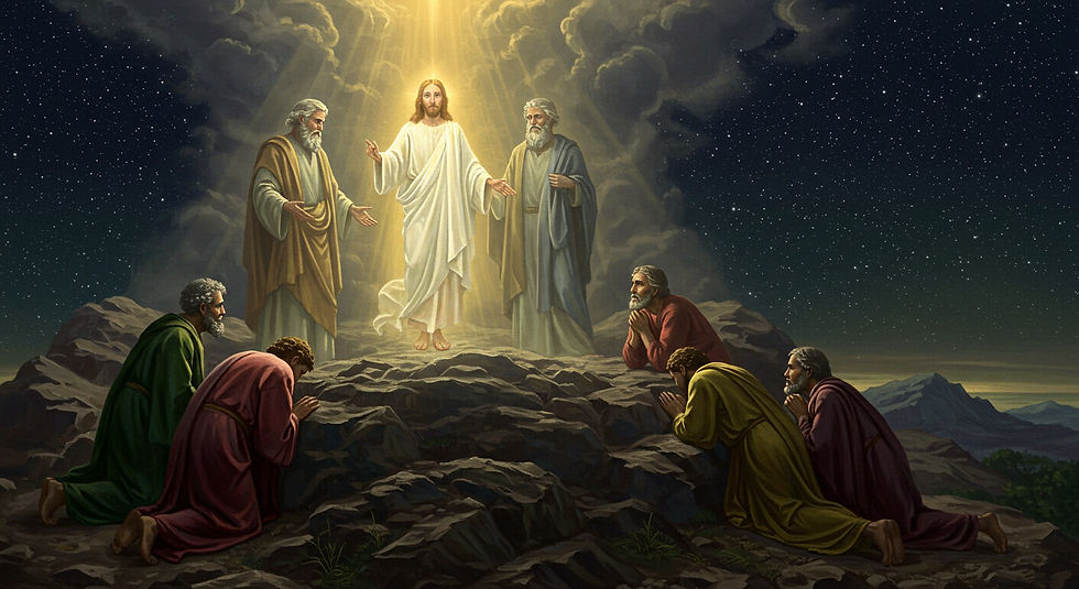 Jesus transfigurado no monte, brilhando em luz celestial, com Moisés e Elias ao lado e discípulos maravilhados. Ilustração da Transfiguração em Lucas 9,28b-36.