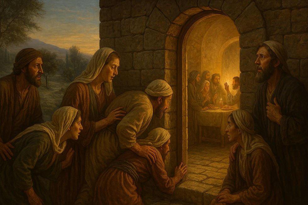 Pessoas se esforçam para atravessar a porta estreita, enquanto outros já celebram no interior iluminado, cena de Lucas 13,22-30.