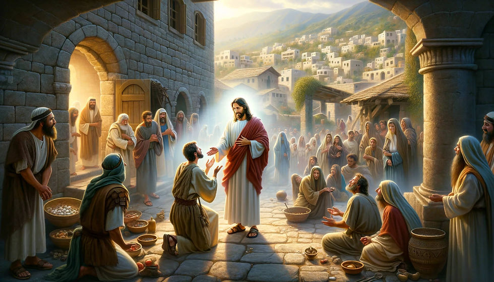 ilustração da passagem de Mateus 8,5-17, retratando o centurião romano em sua roupa típica de soldado. A cena mostra Jesus realizando múltiplos milagres em Cafarnaum, com o centurião se aproximando de Jesus, seu servo curado ao fundo, a sogra de Pedro sendo curada e a multidão trazendo enfermos e endemoninhados.