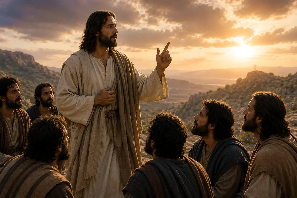 Jesus ensina seus discípulos sobre o custo do discipulado, convidando-os a tomar a própria cruz e segui-lo, em uma colina da Galileia ao pôr do sol (Mateus 16,24–28).