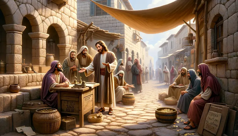 ilustração baseada em Lucas 5,27-32, retratando o momento em que Jesus chama Levi (Mateus) para segui-lo. A cena acontece em uma rua movimentada de uma cidade da Galileia no século I, com Jesus se aproximando do posto de cobrança de impostos onde Levi está sentado. A interação entre eles é o foco, iluminada pela luz suave do meio-dia, enquanto figuras ao fundo observam com uma mistura de curiosidade e desaprovação.