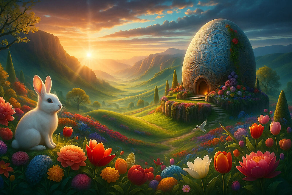 Ilustração fantástica de um coelho branco em um campo florido ao amanhecer, diante de um grande ovo ornamentado, simbolizando a renovação da Páscoa.