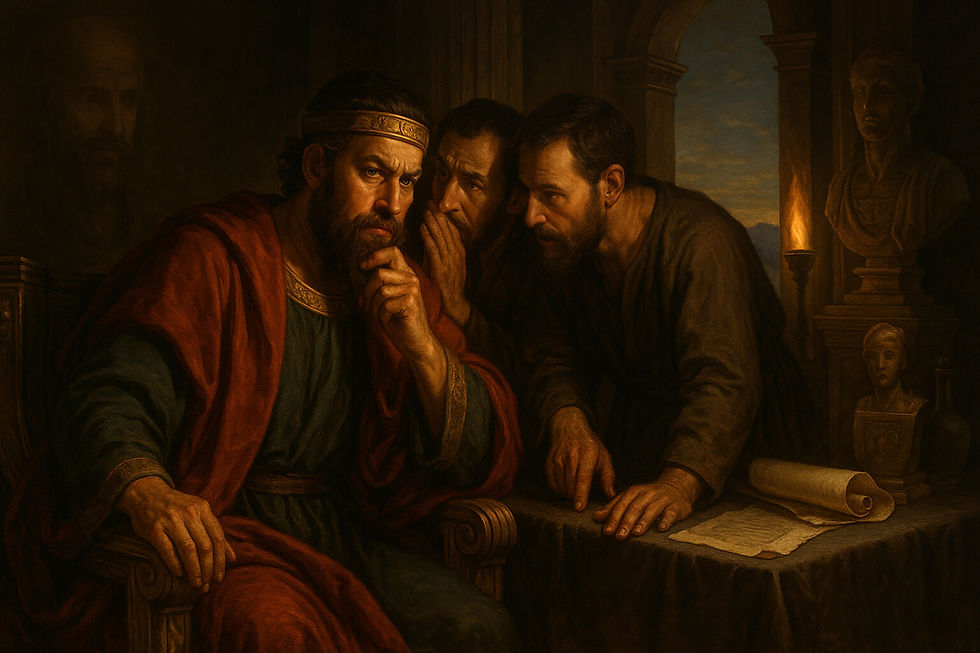Herodes Antipas inquieto ouve rumores sobre Jesus; conselheiros sussurram — pensa ser João ressuscitado — Lc 9,7–9, arte sacra 16:9.