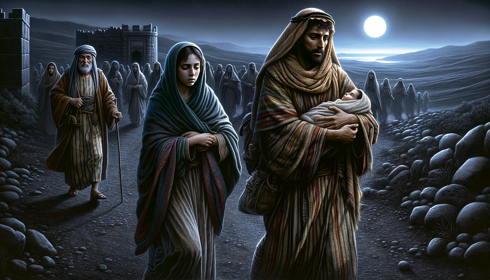 ilustração hiper-realista baseada na passagem de Mateus 2:13-18. Esta imagem retrata a fuga da Sagrada Família para o Egito, capturando a urgência e a fé deste momento histórico bíblico.