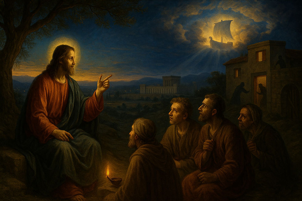 Jesus ensina ao entardecer; discípulos atentos, arca luminosa nas nuvens e ladrão à porta evocam vigilância. Arte sacra renascentista — Mt 24,37-44.