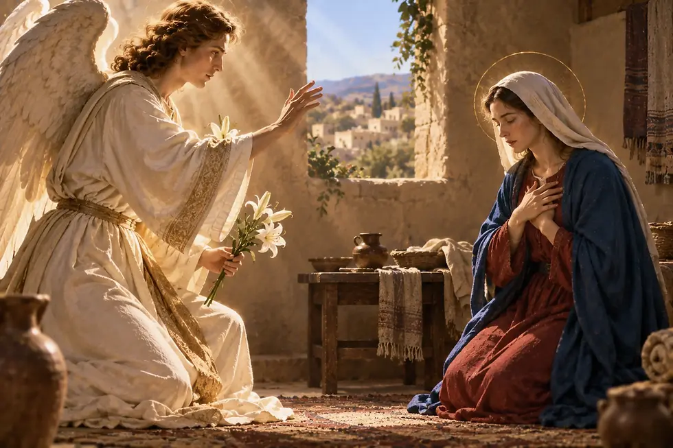 Anjo Gabriel anuncia a Maria que ela conceberá Jesus, e a Virgem acolhe com fé o plano de Deus, conforme Lucas 1,26–38.