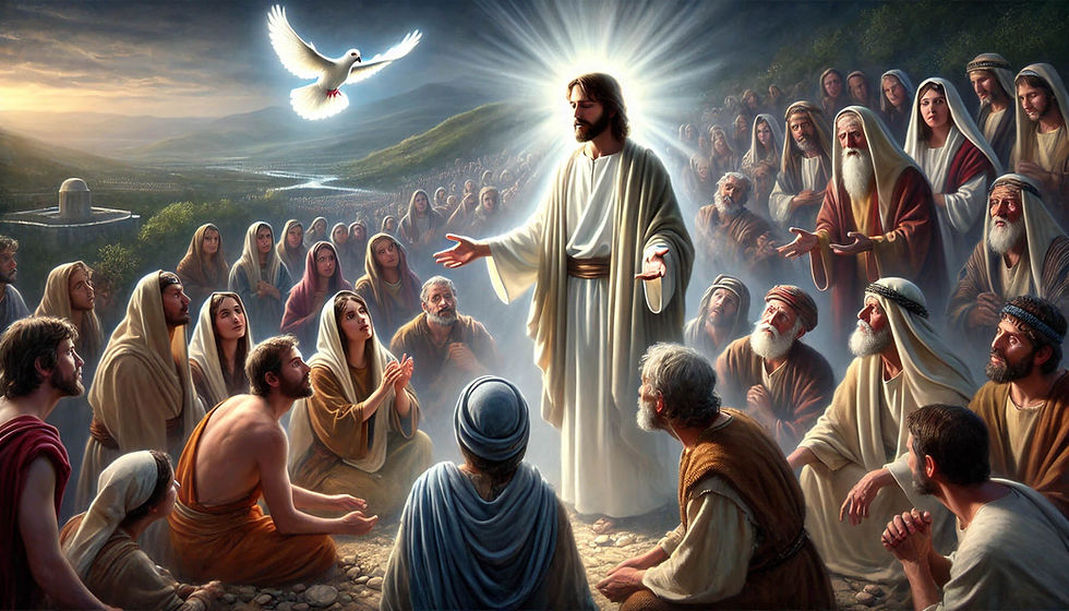 ilustração para Mateus 12,14-21. A cena mostra Jesus curando uma multidão, com uma expressão serena e compassiva, rodeado por luz divina. A multidão em torno Dele está em vários estados de cura e adoração, enquanto os fariseus, ao fundo, estão conspirando contra Ele com expressões de desaprovação e raiva. O cenário é uma paisagem natural típica da Judeia, com colinas e vegetação. Elementos simbólicos da profecia de Isaías, como uma pomba luminosa, estão presentes. A iluminação cinematográfica e a composição equilibrada destacam a presença divina e o tema central de cura.