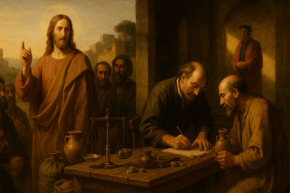 Jesus ensina à multidão; à direita, o administrador infiel ajusta contas com devedores, mesa com balança e moedas; o senhor observa ao fundo. Lc 16,1-13.