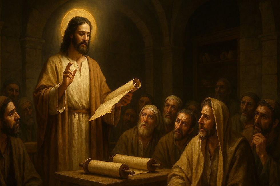 Jesus lê o rolo de Isaías na sinagoga de Nazaré; luz divina e fiéis atentos — cena de Lc 4,16-30, arte sacra hiper-realista em estilo renascentista.