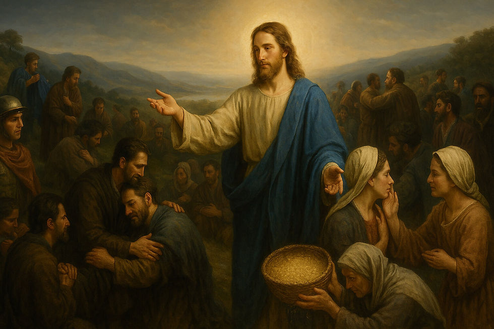 Jesus ensina amar os inimigos, perdoar e dar sem medida; multidão aprende misericórdia — Lc 6,27-38, arte sacra hiper-realista 16:9.