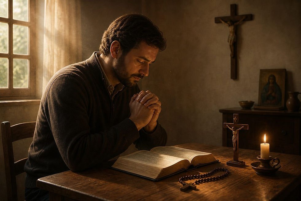 Leigo católico em oração silenciosa à mesa com Bíblia aberta, rosário, crucifixo e vela, em quarto simples com luz suave contemplativa.