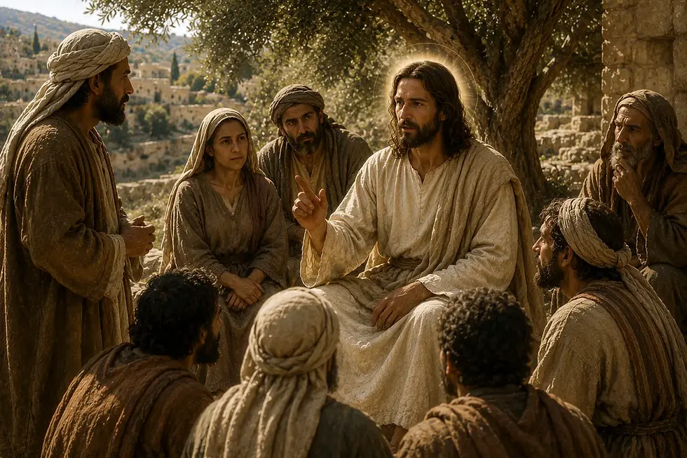 Jesus Cristo, com auréola crucífera, responde aos fariseus sobre o matrimônio diante de discípulos e ouvintes na Judeia. Cena em pintura sacra renascentista hiper-realista, com iluminação dourada e contemplativa, gestos serenos, ambiente histórico do século I e paisagem bíblica ao fundo.