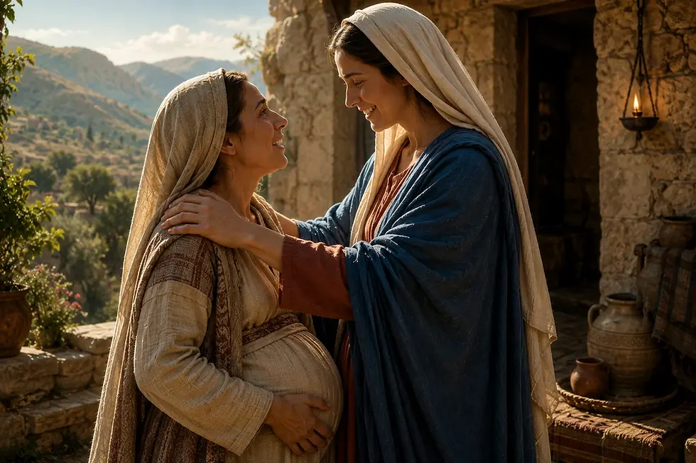 Maria visita Isabel na região montanhosa da Judeia e a abraça com alegria. Em pintura sacra hiper-realista, ambas aparecem grávidas, com Maria usando véu e manto azul, iluminadas por luz suave que expressa o encontro do Salvador com seu precursor e inspira o Cântico de Maria (Lc 1,39–56).