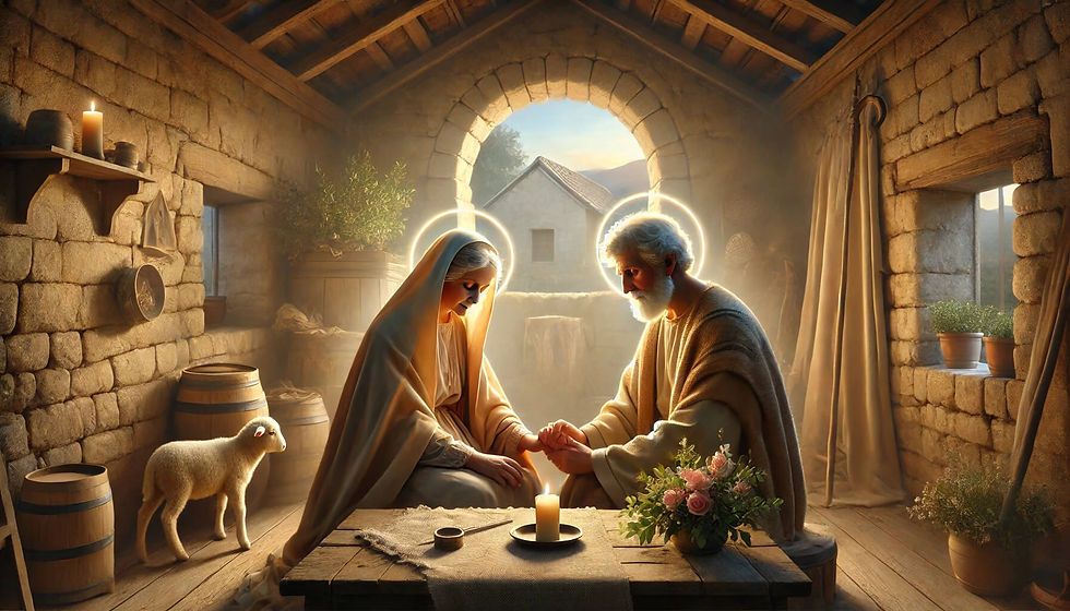 ilustração representando corretamente São Joaquim e Sant'Ana, pais da Bem-aventurada Virgem Maria, em um momento de oração e reflexão. Eles são mostrados juntos, em um ambiente simples e cheio de simbolismo, refletindo sua devoção e santidade.