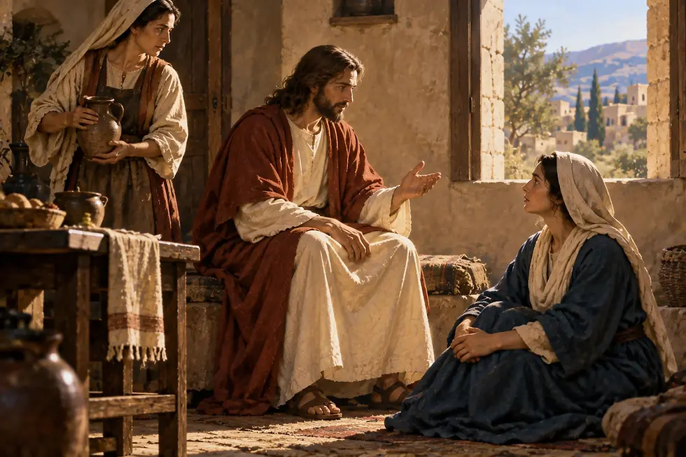 Jesus ensina Maria, sentada a seus pés, enquanto Marta se ocupa do serviço, conforme Lucas 10,38–42.