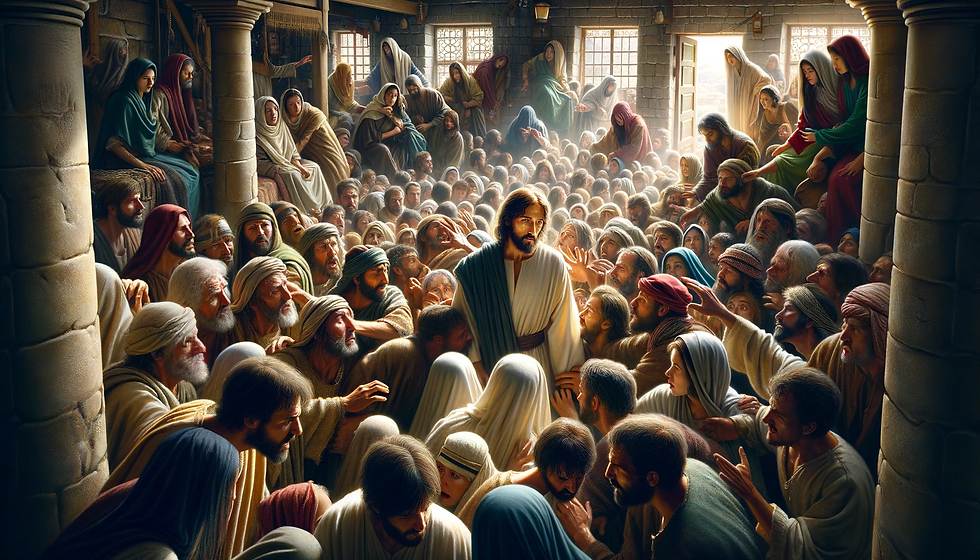 ilustração para Marcos 3,20-21. A imagem retrata Jesus em uma casa lotada, com sua família tentando alcançá-lo em meio ao caos, capturando a intensidade e a confusão do momento.