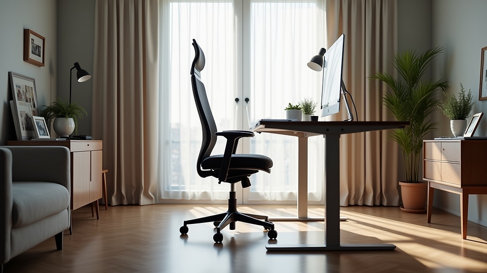Eye-level view of a modern home office setup with ergonomic chair and standing desk