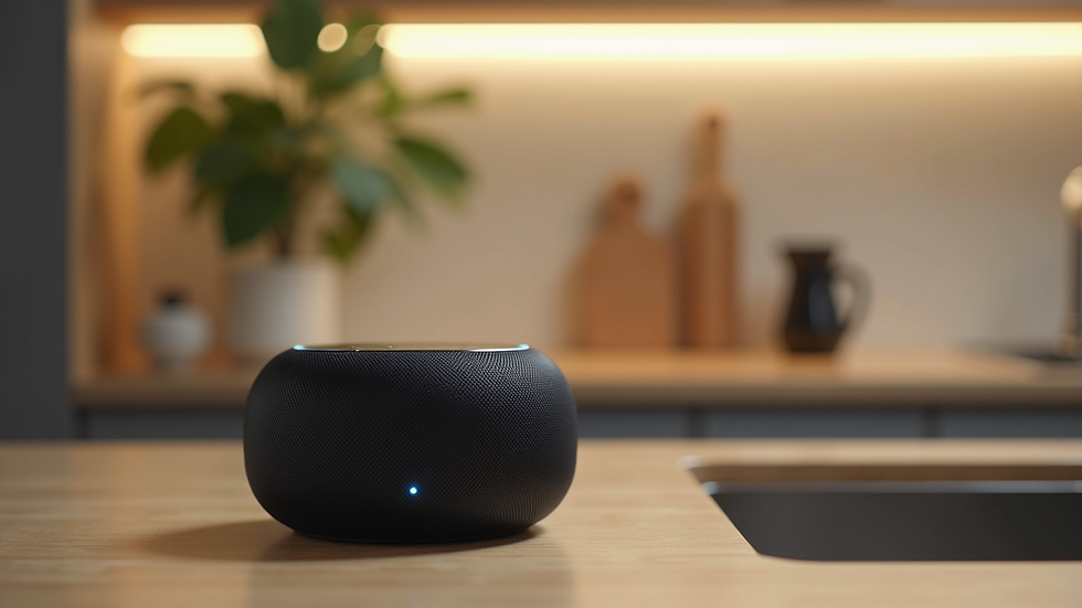 Close-up view of a smart speaker on a kitchen counter