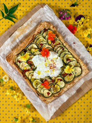 Tarte Fine Courgettes, Tomates Confites & Burrata