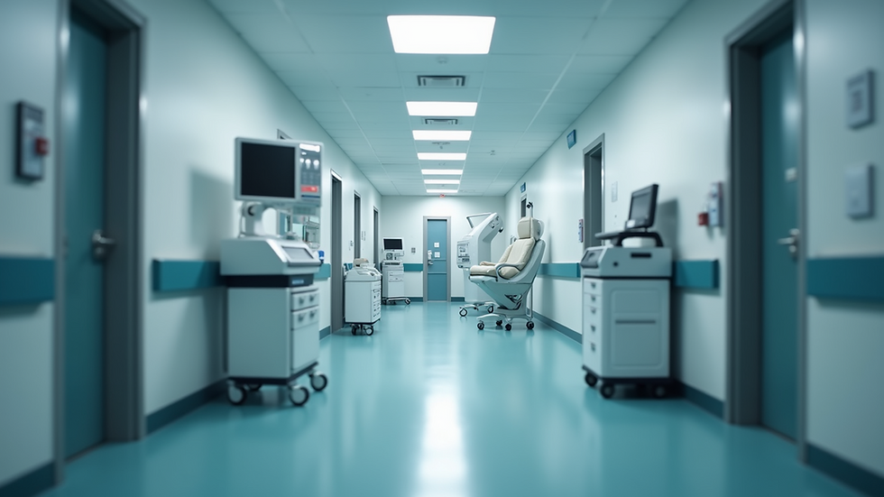Eye-level view of a modern hospital corridor with AI-powered diagnostic machines