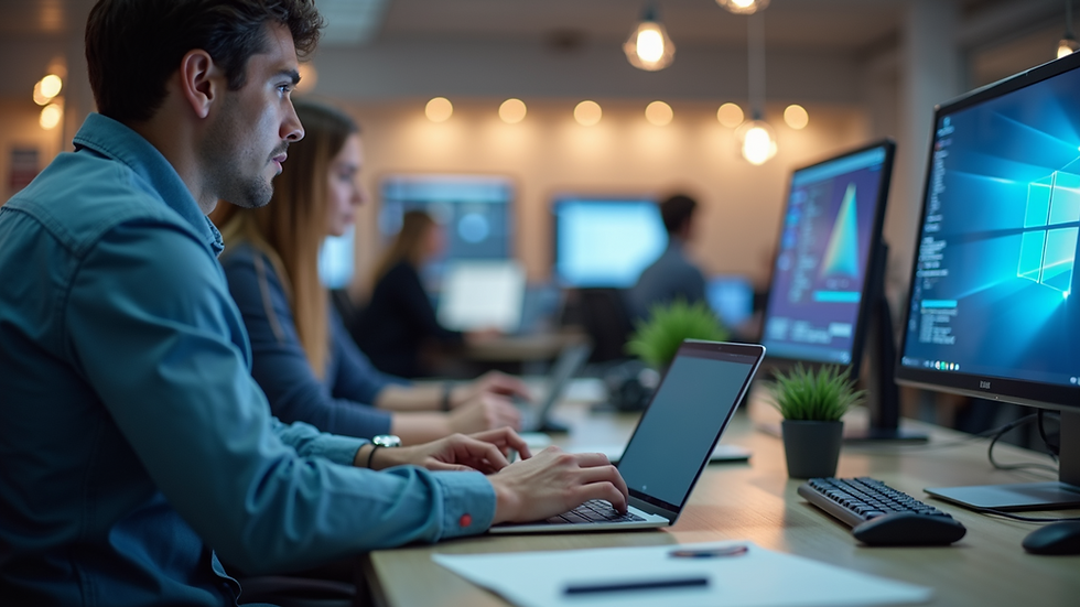 Eye-level view of a modern office workspace with multiple devices connected to cloud services