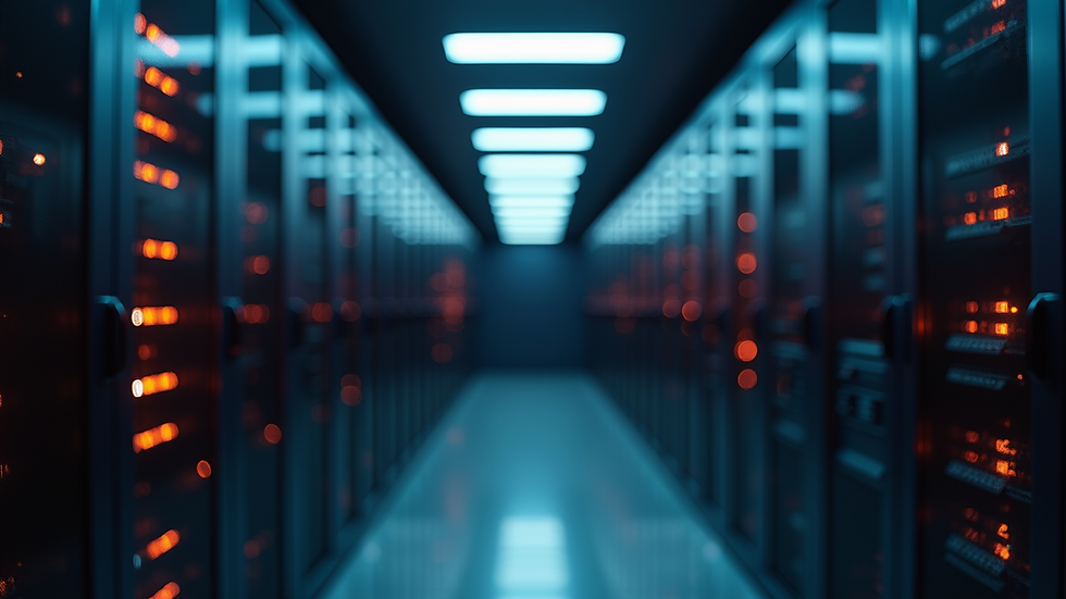 Eye-level view of a server room with blinking lights