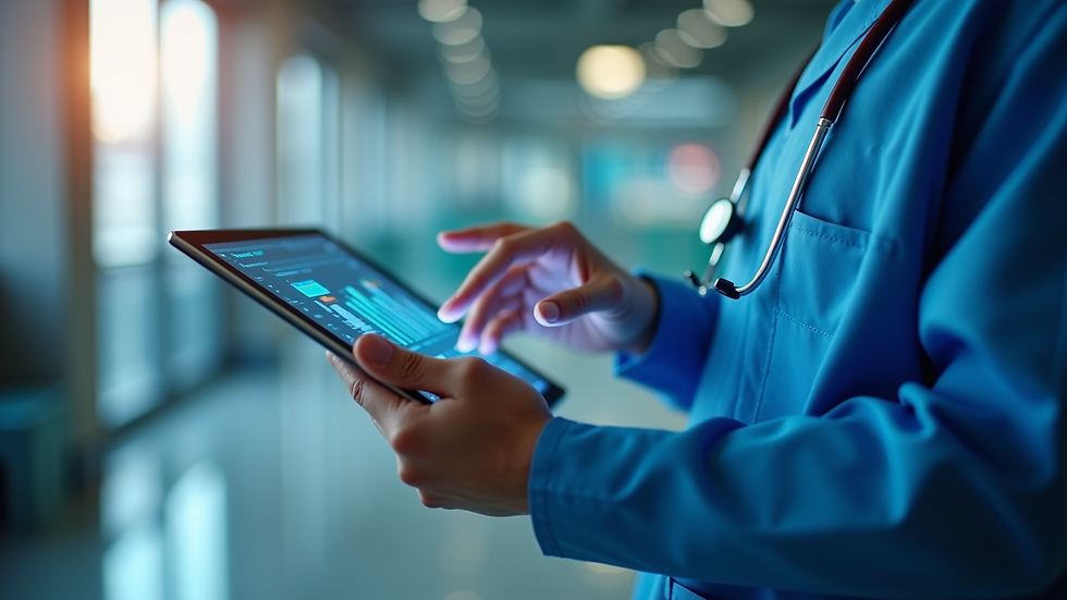 Close-up view of a healthcare professional interacting with AI-powered data analytics on a tablet