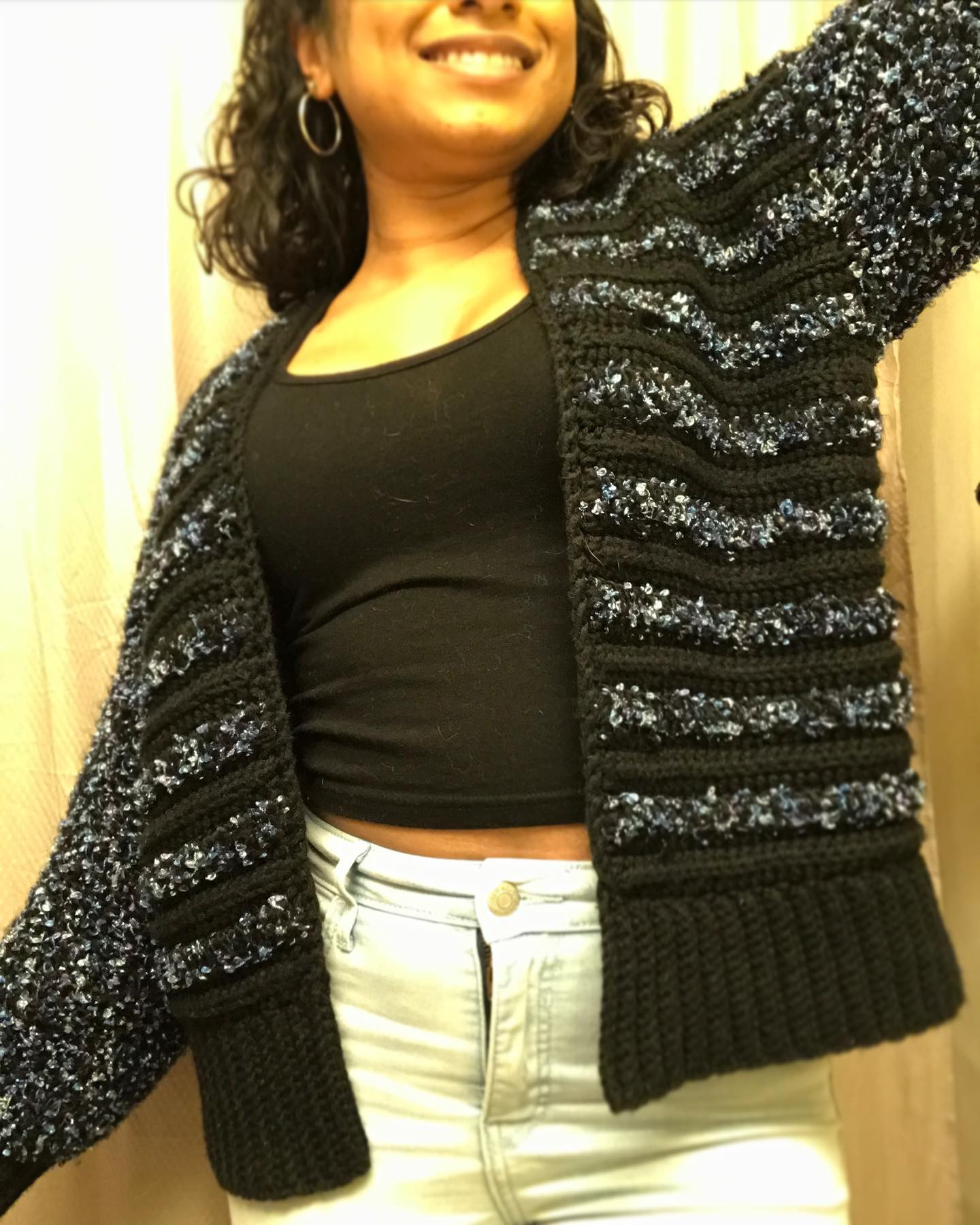 Black striped fuzzy yarn cardigan