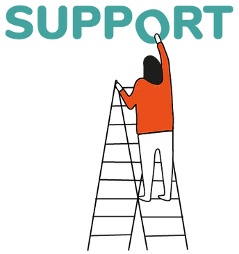 image of a man climbing a ladder holding the letter o with the word support above